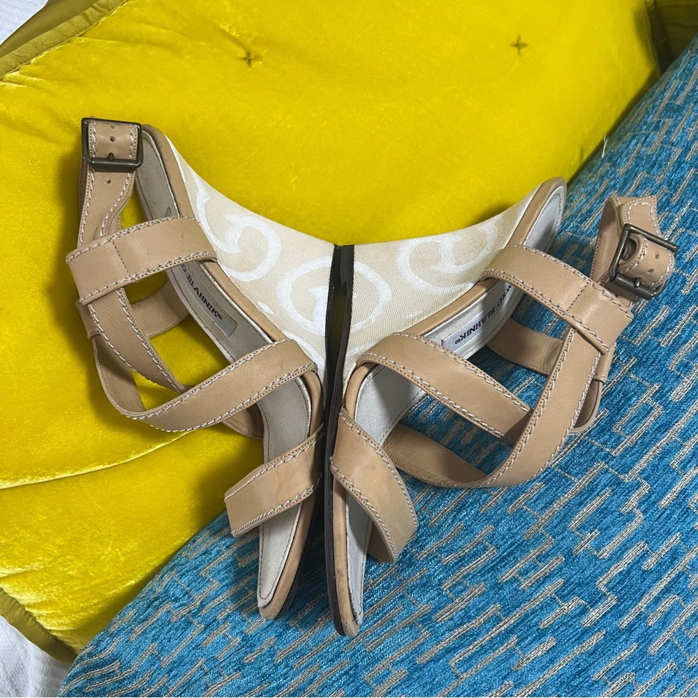Manolo Blahnik High Heel Wedges Strappy Sandal Tan White Swirl Yald Bulgaro sz 8 - Picture 5 of 12